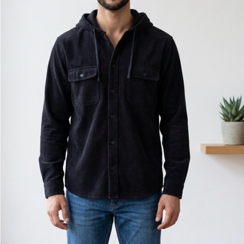 Men's Classic Dark Blue Hooded Shirt